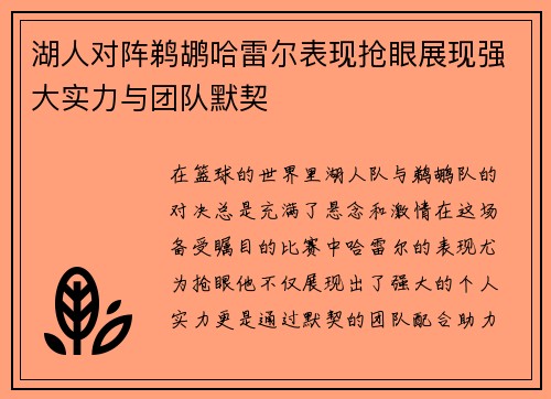 湖人对阵鹈鹕哈雷尔表现抢眼展现强大实力与团队默契